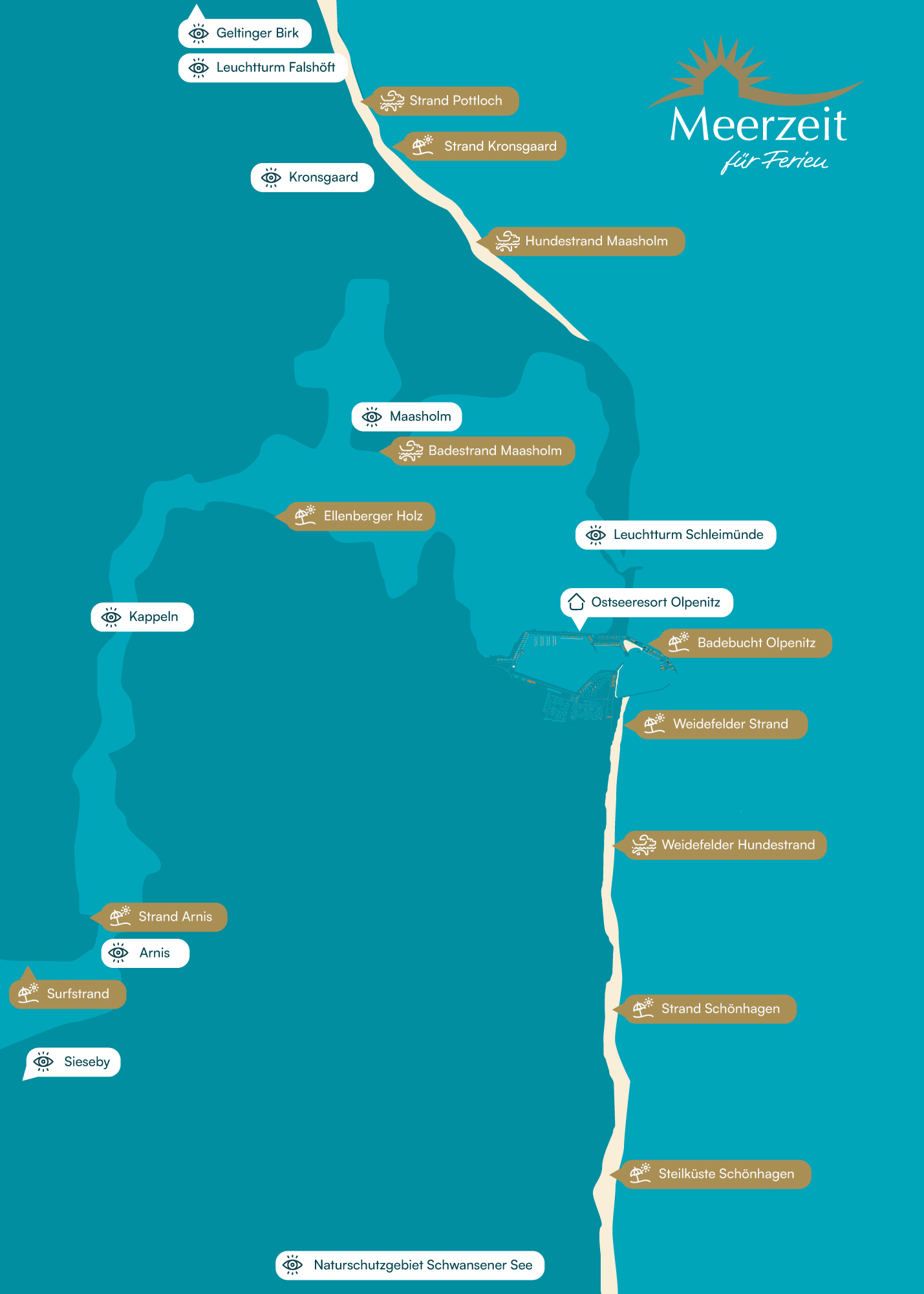 Karte mit markierten Stränden rund um Olpenitz und Kappeln